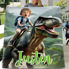 Free Shipping✈️Custom Name Photo Blanket Personalized Paw Boy Riding Dinosaur Blanket