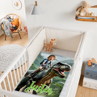 Custom Name Photo Blanket Personalized Paw Boy Riding Dinosaur Blanket - Joliny
