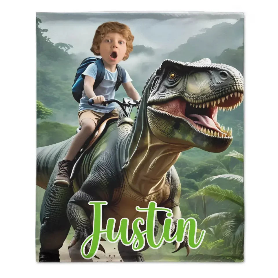 Custom Name Photo Blanket Personalized Paw Boy Riding Dinosaur Blanket - Joliny