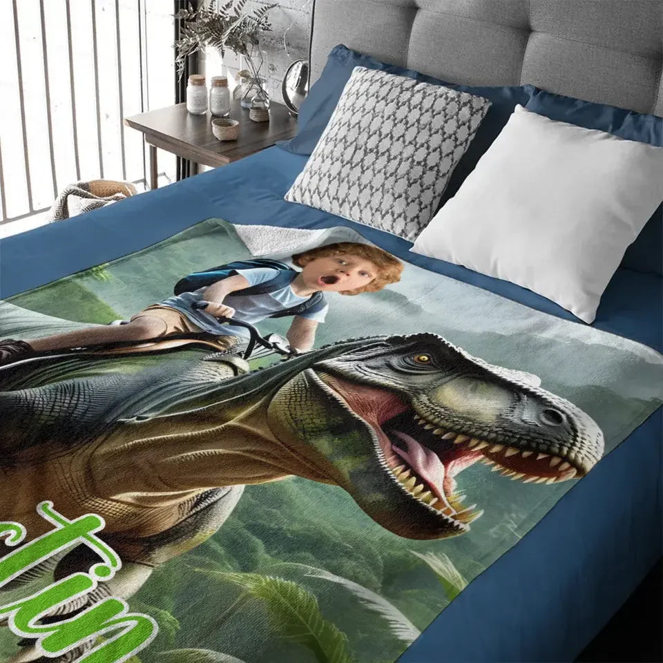 Custom Name Photo Blanket Personalized Paw Boy Riding Dinosaur Blanket - Joliny