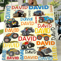 Free shipping✈️Monster Trucks Cars Motorcycles Collection - Customized Kids Name Blanket