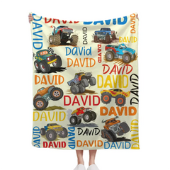 Free shipping✈️Monster Trucks Cars Motorcycles Collection - Customized Kids Name Blanket