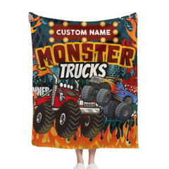 Free shipping✈️Monster Trucks Cars Motorcycles Collection - Customized Kids Name Blanket