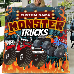 Free shipping✈️Monster Trucks Cars Motorcycles Collection - Customized Kids Name Blanket