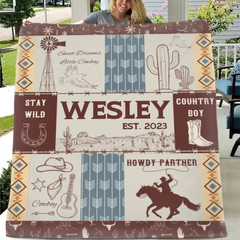 Free shipping✈️Western Kids Name Custom Cowboy Blanket, Customized 1st Birthday Gift