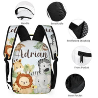 Personalized Custom Name Backpack - Jungle Greenery Leaves Forest Safari Animals - Joliny