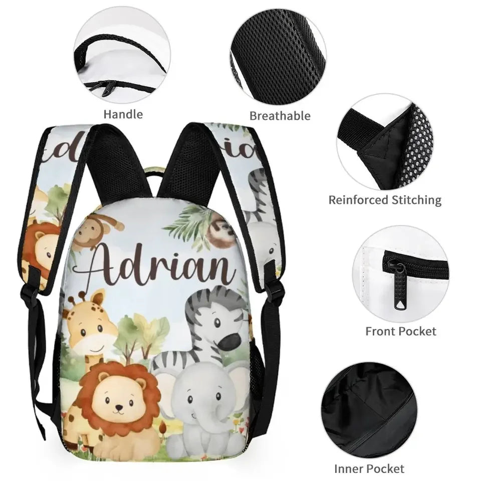 Personalized Custom Name Backpack - Jungle Greenery Leaves Forest Safari Animals - Joliny