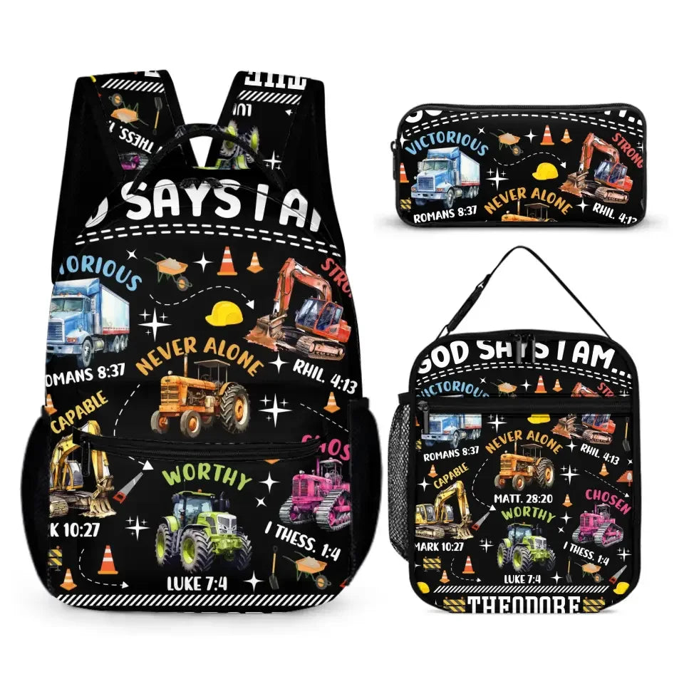 Truck Custom Name Backpack Personalized Text Gifts, God Says I Am Construction Bible Verse - Joliny