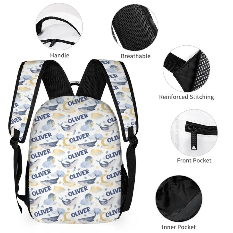 Personalized Custom Whales Boy, Girl Soft Name Backpack - Sea Creatures Kids Name Backpack - Joliny