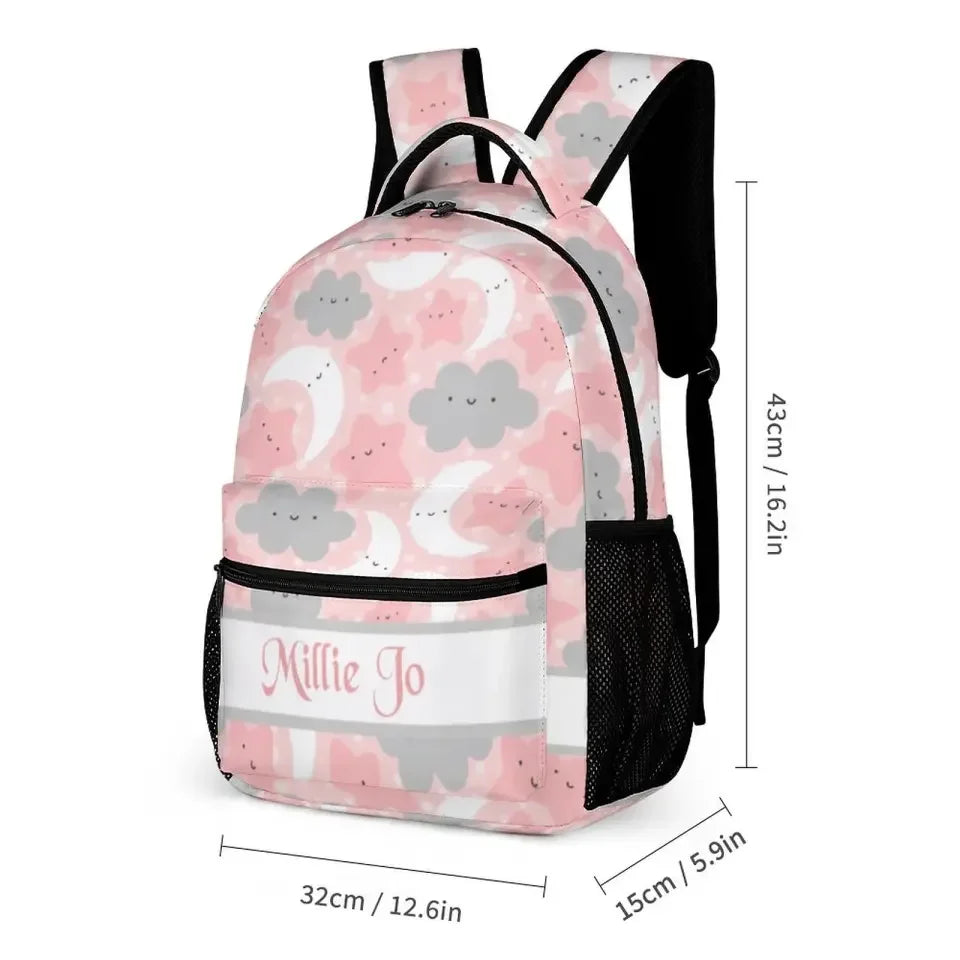 Personalized Pink Blue Moon Stars Clouds Student Backpack - Joliny