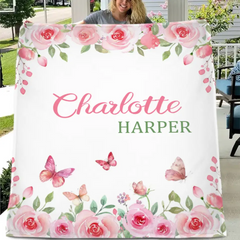 Personalized Name Pink Flower Blanket