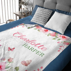 Personalized Name Pink Flower Blanket