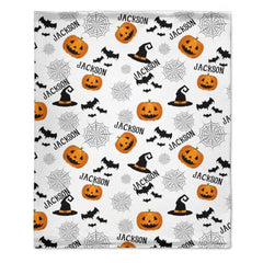 Haunted Halloween Blanket - Spider Webs Witch's Hat Black Bats and Decorated Pumpkins Print