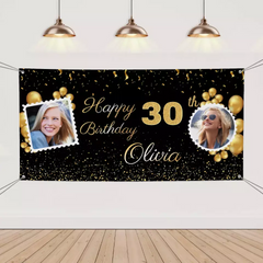 Birthday Personalized Banner With Photo, Gold Party Decoration