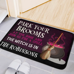 Park Your Brooms at the Door - Personalized Decorative Doormat, Halloween Gift