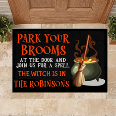 Park Your Brooms and Join Us for a Spell - Personalized Decorative Mat, Halloween Gift.