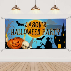 Custom Halloween Party Decoration Banner - Personalized Pumpkin Skull Bat Banner - Halloween Party Supplies