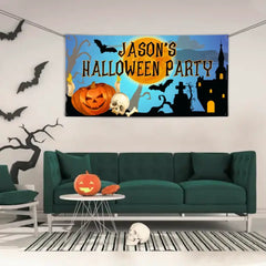 Custom Halloween Party Decoration Banner - Personalized Pumpkin Skull Bat Banner - Halloween Party Supplies