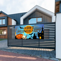 Custom Halloween Party Decoration Banner - Personalized Pumpkin Skull Bat Banner - Halloween Party Supplies