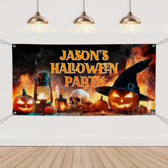 Custom Halloween Party Decoration Banner - Personalized Orange Pumpkin Skull Banner - Halloween Party Supplies for Indoor and Outdoor Decoration