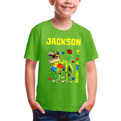 Puzzles and Dinosaurs - Personalized Name Colourful Graphic T-Shirt - A Gift for Child