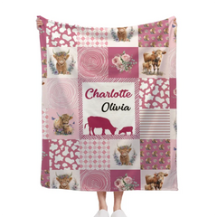 Highland Cow - Personalised Name Pinkish Purple Blanket - A Gift For Child