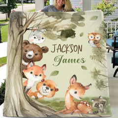 Woodland Animal - Personalised Name Animal Print Blanket - A Gift For Child