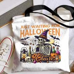 Personalized Just Waiting For Halloween Pumpkin Skull Reusable Canvas Tote Bag with Name Halloween Gift for Friend Family