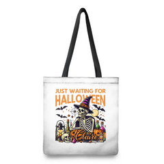 Personalized Just Waiting For Halloween Pumpkin Skull Reusable Canvas Tote Bag with Name Halloween Gift for Friend Family