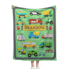 Cars, Trucks And Diggers - Personalised multicolour Blanket With Name - A Gift For Child