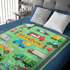 Cars, Trucks And Diggers - Personalised multicolour Blanket With Name - A Gift For Child