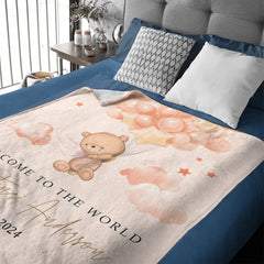 Teddy Bear Custom Colour Blanket - Personalised Name And Date Of Birth Blanket - A Gift For Child,Newborns,Baby