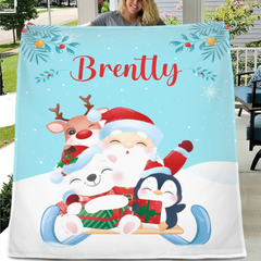 Santa and Elk Christmas Holiday Vibes Custom Blanket - Pretty Snow Scene Christmas Blanket with Personalized Name - Christmas Gift For Friend,Child,Baby