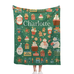 Customized Blanket with Christmas Theme Pattern - Personalized Name Christmas Green Soft Flannel Blanket - Christmas Gift For Family,Child