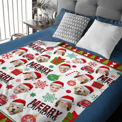 Family Customized Photo Christmas Themed Blanket - Warm Christmas Personalized Family Member Photo Soft Flannel Blanket - Christmas Gift For Family