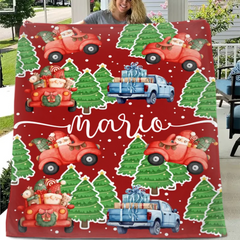 Cartoon Santa Claus Customized Christmas Blanket - Christmas Classic Red and Green Personalized Name Soft Flannel Blanket - Christmas Gift For Child