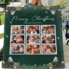 Customizable Christmas Home Blanket with 9 Photos - Christmas Themed Personalized Family Photo Soft Flannel Blanket - Christmas Gift For Family,Party