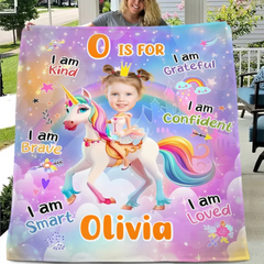 Cartoon Unicorn Customized Blanket - Personalized Name and Photo Soft Flannel Blanket - A Gift For Daughters, Girls