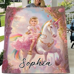 Customized Unicorn Princess Blanket - Personalized Name and Photo Soft Flannel Blanket - A Gift For Daughters, Girls