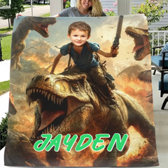 Custom Dinosaur Blankets Personalized Boy Riding Dinosaur Blanket