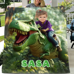 Custom Dinosaur Blankets - Personalized Photo Of A Character Riding A Dinosaur Blanket - A Gift For Child