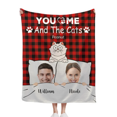 Customized Couple Photo Blanket - Personalized Couple's Photo, Name and Cat Cartoon Blanket - A Gift for Couples,Wife, Husband