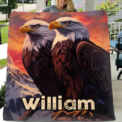 Custom Eagle Blanket - Personalized Name Sunset Background Eagle Blanket - A Gift For Bird Lover,Eagle Lover,Friend