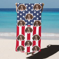 Customized Dog Photo Bath Towel with American Flag Background - Gift for Dog Lovers