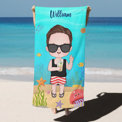 Customized Cartoon Character Bath  - Personalized Cartoon Character Image and Name Ocean Themed Beach Towel - A Gift For Children,Friend,BFF,Family