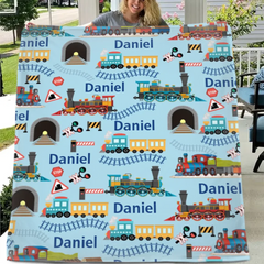 Customised Railway Train Blanket - Personalised Name Railway Train Pattern Blue Blanket - A Gift For Children,Boy,Baby,Train Lover