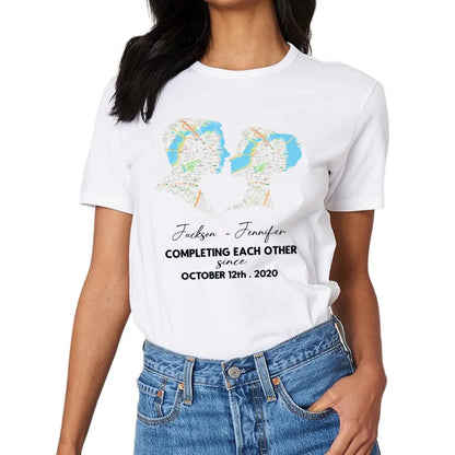 Customized Couple T-shirt - Personalized Name,Date,Map Location Silhouette Couple's Clothing - A Gift For Boyfriend,Girlfriend,Husband,Wife,Anniversary
