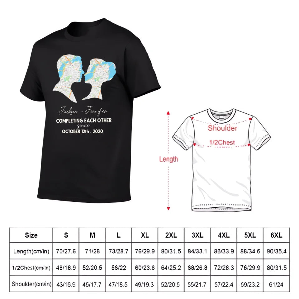 Customized Couple T-shirt - Personalized Name,Date,Map Location Silhouette Couple's Clothing - A Gift For Boyfriend,Girlfriend,Husband,Wife,Anniversary