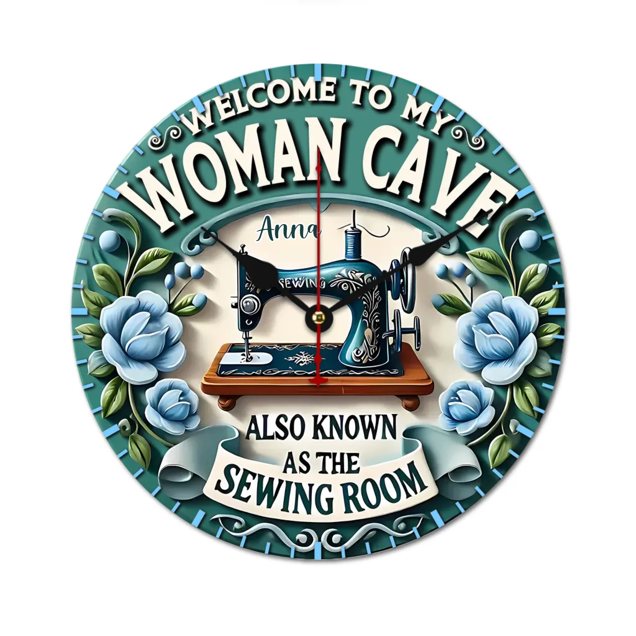 Custom Sewing Theme Clock- Personalized Name and Title Sewing Machine Pattern Round Clock - Gift for Family,Friend,Tailors,Sewing Enthusiasts