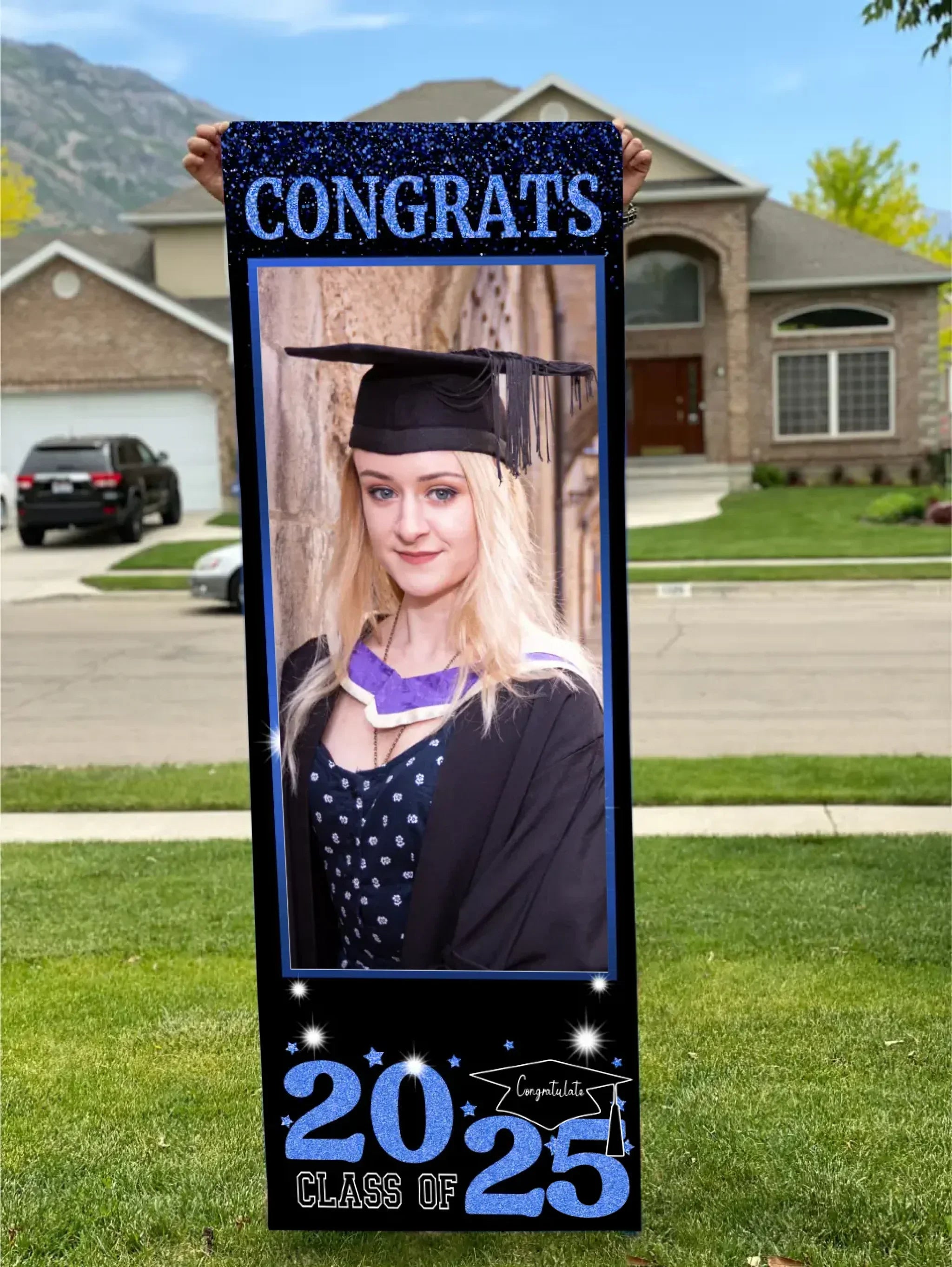 Three Slices Front Door Banner With Pictures Class of 2025 - High School or College University for Graduation Door Banner for Front Door or Porch
